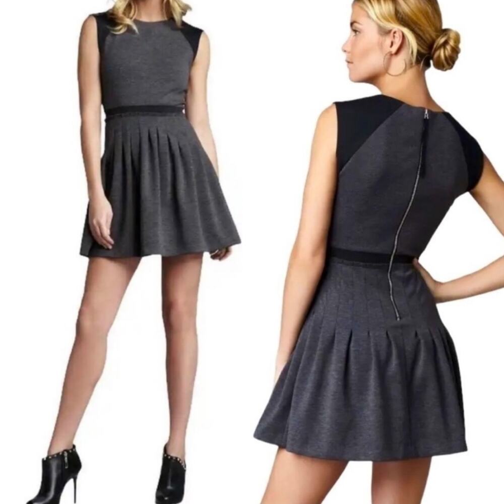 Rebecca Taylor Ponte Mini Dress Fit & Flare Pleated Skirt Colorblock Gray Black